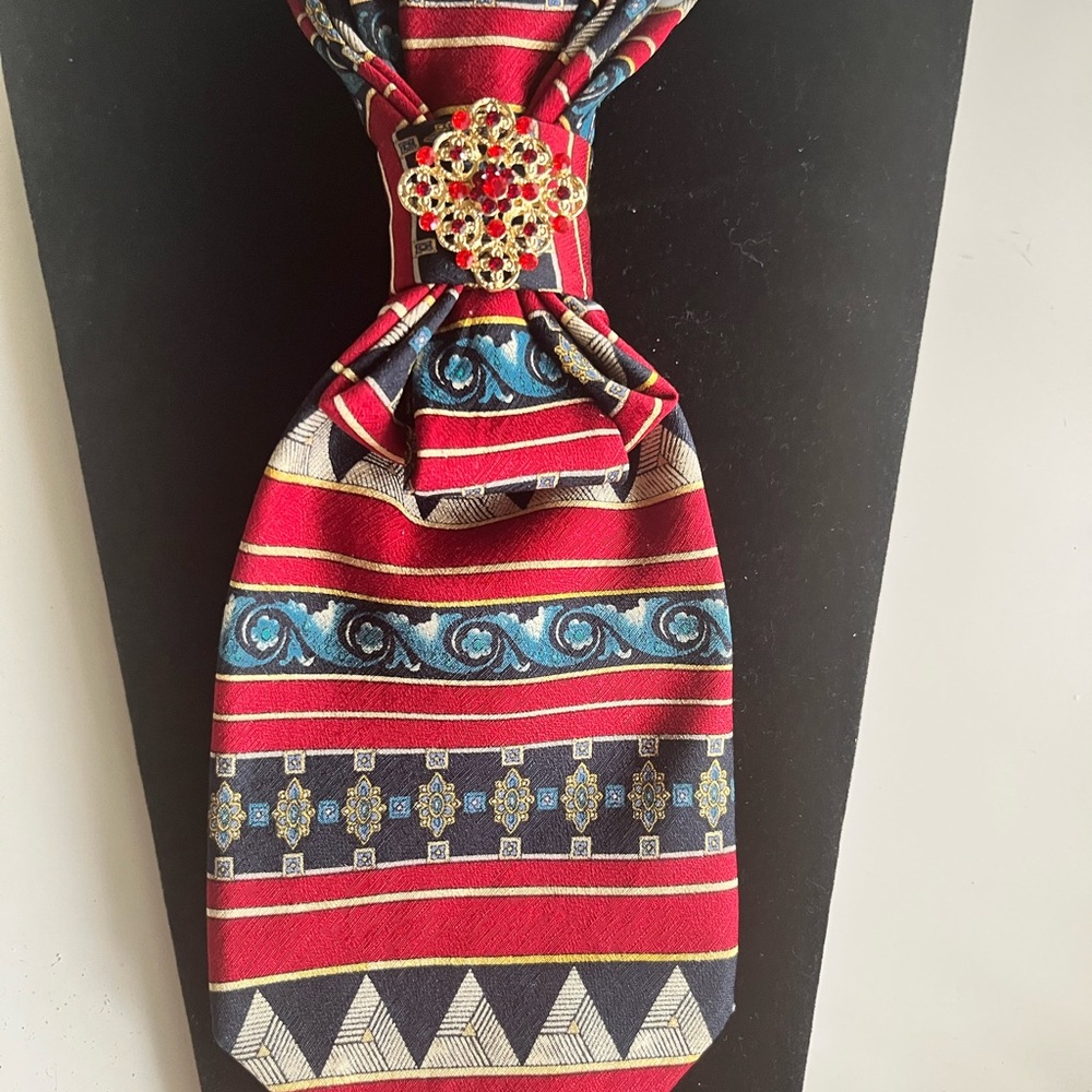 Red and Blue Striped tie Necklace with Red and Gold Brooch